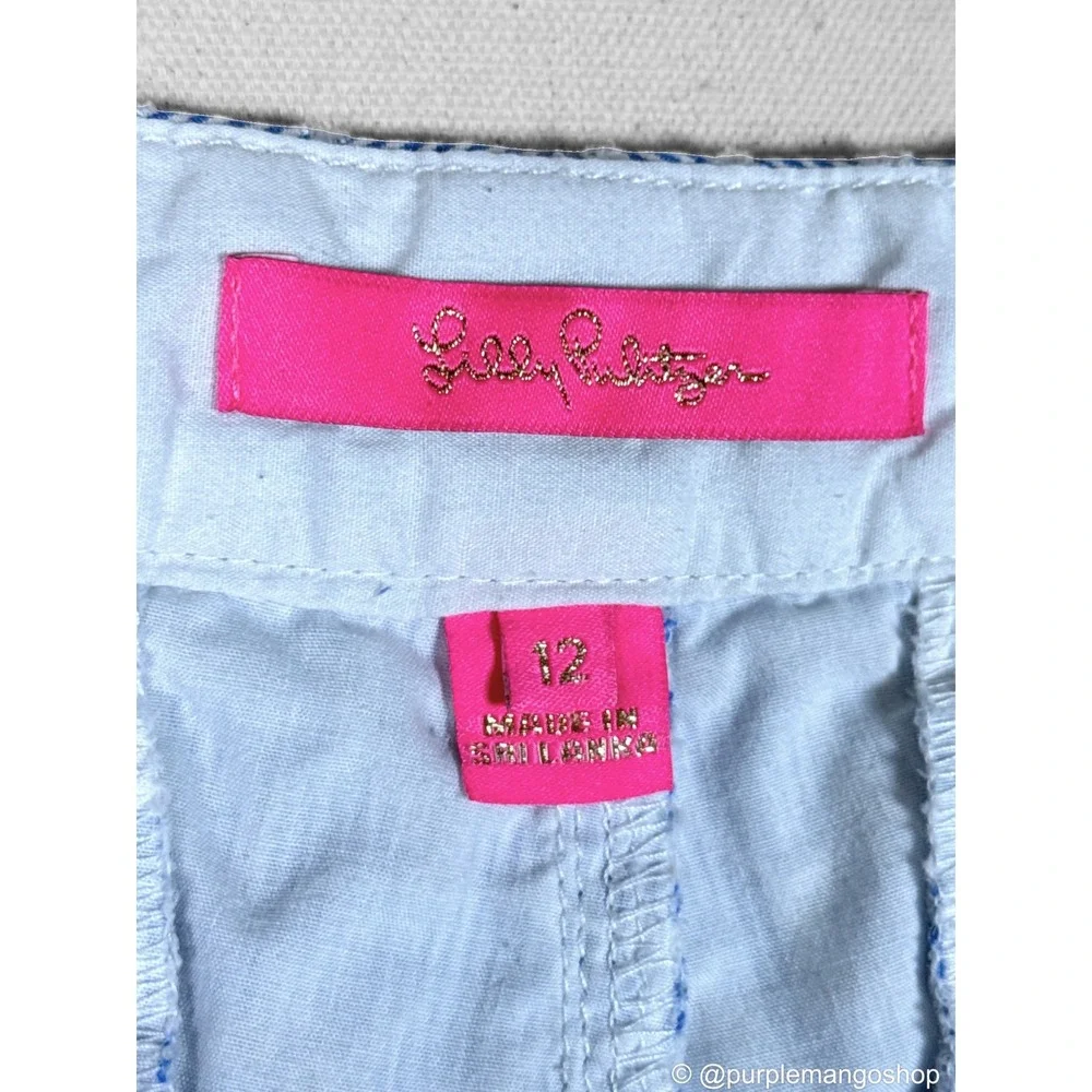 LILLY PULITZER Shorts Womens 12 Blue White Eyelet Scallop Hem Floral‎ Stripe